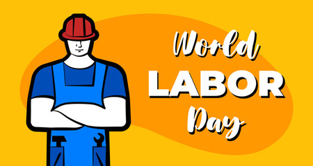 Worker man in red construction helmet and inscription World Labor Day. 1 may professional labour celebration greeting card design template. Vector illustration for poster