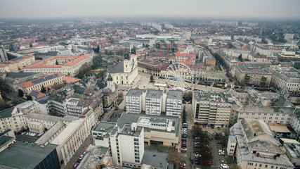 Historic city of Debrecen, Hungary. Old town with architecture, church and skyscrapers.