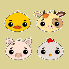 Set of cute vector animals. Funny illustrations for stickers, postcards, children's books. Chicken, duck, cow, pig.