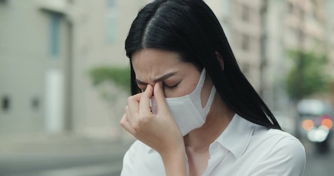 Woman wearing mask to protect herself from virus at city. Health care and medical concept.