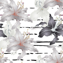 Floral Black and White Seamless Pattern. Stripe