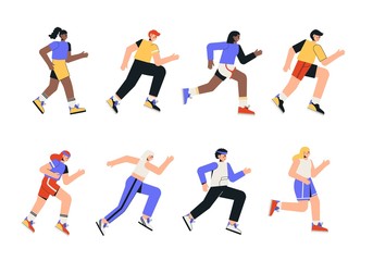 Fototapeta na wymiar Healthy active lifestyle, city run, training, cardio exercising. Jogging people. Sports competition, outdoor workout or exercise, athletics. Flat style vector illustration on white background.