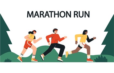 Healthy lifestyle concept, summer outdoor, training, cardio exercising. Men and women jogging or running in the park. Flat style vector illustration on white background.