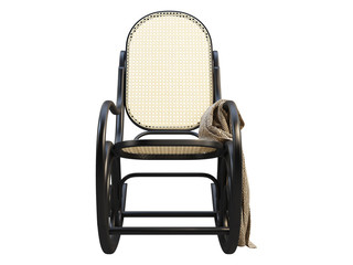 Fototapeta premium Mid-century bent beech-wood rocking chair with blanket. 3d render.