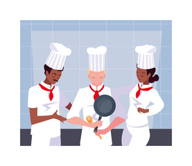 group of people cooking, set of chef with white uniform
