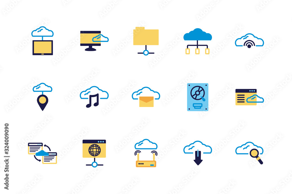Poster bundle of cloud computing lineal colors style icons