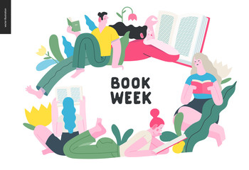 World Book Day graphics -book week events. Modern flat vector concept illustrations of reading people -young men and women reading book sitting and laying down surrounded by plants and blossom flowers