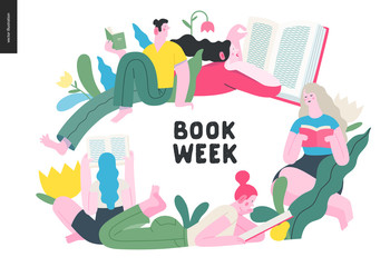 Obraz premium World Book Day graphics -book week events. Modern flat vector concept illustrations of reading people -young men and women reading book sitting and laying down surrounded by plants and blossom flowers