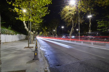 Light Trail on the road with trees