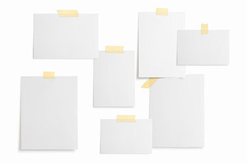 Moodboard template composition with blank photo cards, torn paper, polaroid frame glued with yellow adhesive tape and isolated on white for easy editing.