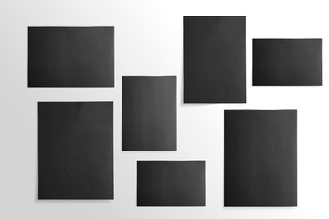 Moodboard, mood wall composition with black photo cards, paper frames isolated on white for easy editing.