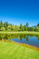 Fototapeta na wymiar Golf course with gorgeous green and sand bunker