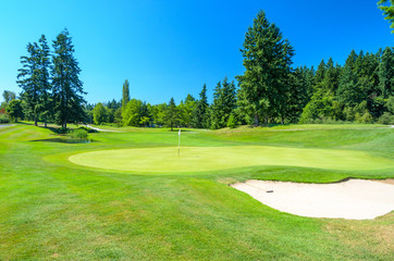 Golf course with gorgeous green and sand bunker