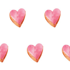 Fototapeta premium Watercolor seamless pattern with heart pink cookies isolated on white. Design for textile, fabric, wrapping, valentine's, kids, scrapbooking.
