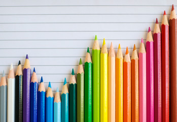 Bar graph formed from colored pencils showing fluctuations with a general uptrend