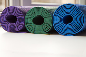 yoga mat on the table with copy space