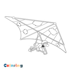 Cartoon man flies on a hang glider with his mouth wide open. Vector coloring book.
