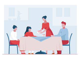 Family having dinner. Dining room, table, teenagers flat vector illustration. Celebration, home, event concept for banner, website design or landing web page