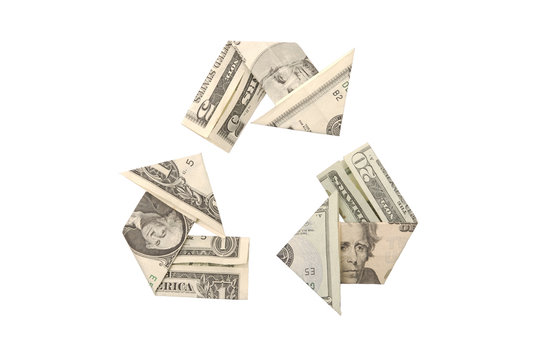 Recycling symbol formed into an origami cash flow of US dollar bank notes, one to five to twenty and back