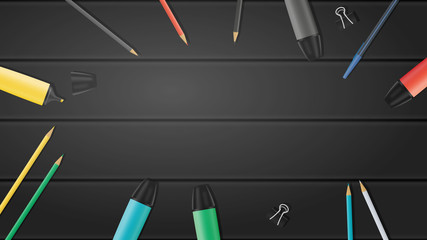 Black boards background. Stationery, markers, highlighters, pencils, pens and an old watch. Background with place for text. Vector illustration.