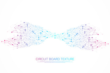 Technology abstract circuit board symbol logo design background. Engineering electronic motherboard logo concept. Futuristic circuit board texture banner. Vector illustration.