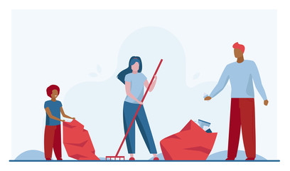Family collecting garbage outdoors. Couple with kid cleaning lawn from trash flat vector illustration. Volunteering, cleaning, nature concept for banner, website design or landing web page