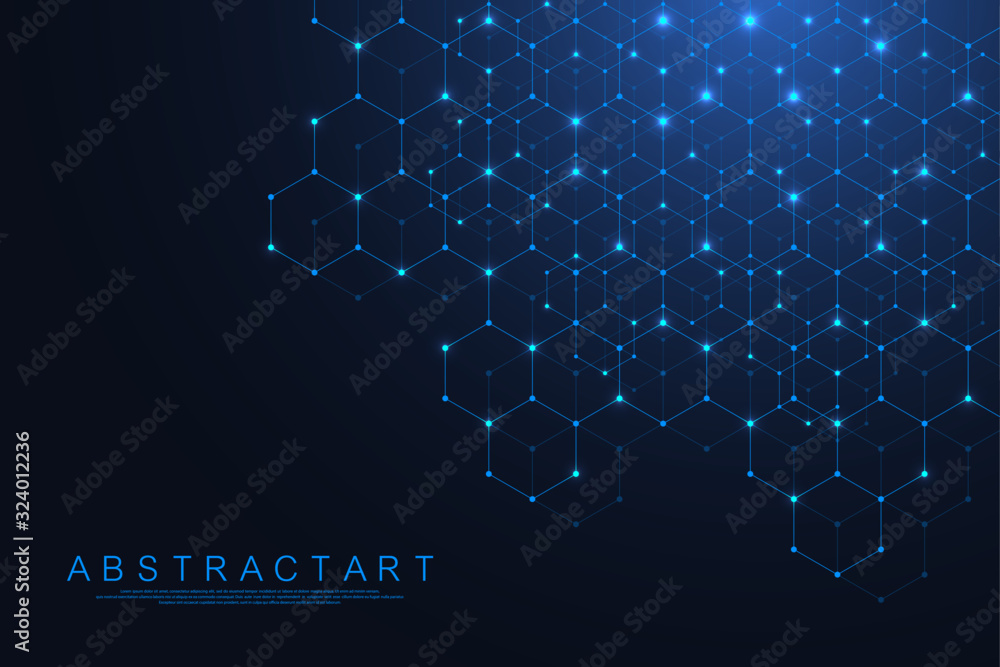 Aufkleber Technology abstract lines and dots connect background with hexagons. Hexagons connection digital data and big data concept. Hex digital data visualization. Vector illustration.