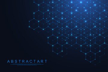Technology abstract lines and dots connect background with hexagons. Hexagons connection digital data and big data concept. Hex digital data visualization. Vector illustration. - obrazy, fototapety, plakaty