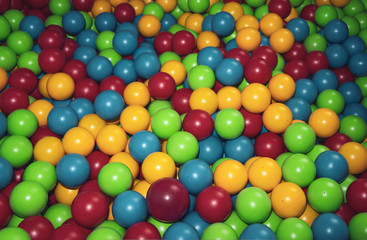 Children's playpen colorful balls. Top down view.