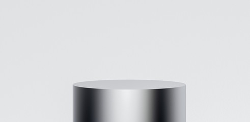 3D rendering of close up silver podium cylinder or empty pedestal, blank stand for product and display on white gradient and minimal background