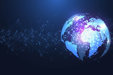Global social network. Networking and data connection concept. Worldwide internet and technology. Dynamic waves connected by plexus light lines. Virtual digital composition. Vector illustration.