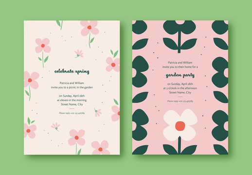 Garden Party Invitation Layouts with Flower Illustrations
