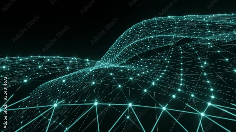 Poster Glowing data network. Interconnected web of information pathways. Glowing neon light web. Technology three-dimensional motion background.