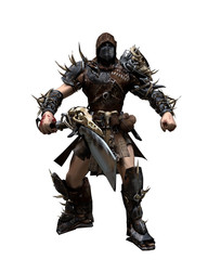 A 3D rendered images with a fictional character as a fighter or outlander  with armor , nails and a sword isolated on a white background 