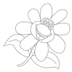 Fototapeta na wymiar cheerful flower character with open leaves and big nose, outline drawing, isolated object on a white background,