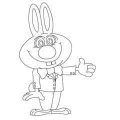 rabbit character in a suit and with a bow tie holds out his hand for greeting, outline drawing, vector illustration,