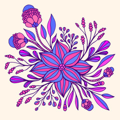 Colrful fantasy flower purple blue color, framed by leaves and buds.