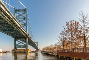 Park, Delaware River, and Benjamin Franklin Bridge into downtown Philadelphia, Pennsylvania