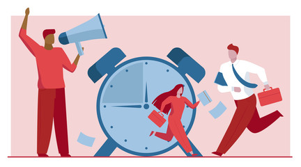 Employees with briefcases running. Alarm clock, hurry, manager shouting at megaphone flat vector illustration. Time management, deadline concept for banner, website design or landing web page