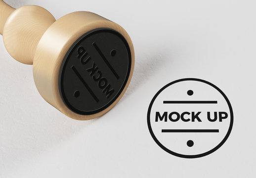 Wooden Round Rubber Stamp with Stamped Logo Mockup on White Paper