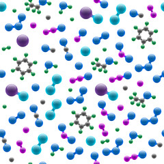 Chemistry atomic molecular 3d structure seamless pattern. Abstract design concept for science biotechnology chemical industry. Vector atoms and molecules texture background