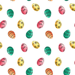 Seamless easter eggs pattern. Watrcolor eggs on white background.Texture for wrapping paper, textile, scrapbooking,.