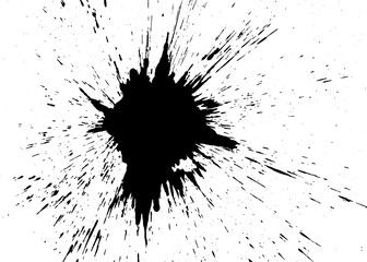 Black spots with splashes on a white background. Ink blots isolated.