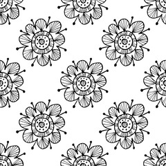 Black and white floral seamless pattern. Hand drawing vector illustration. Flowers and leaves doodles.