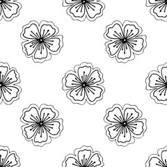 Black and white floral seamless pattern. Hand drawing vector illustration. Flowers and leaves doodles.