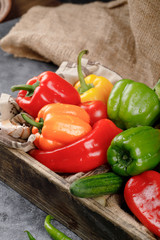 Mixed colorful bell peppers in a tray.