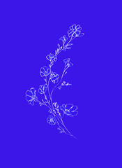 tree branch with flowers and leaves, graphic hand drawn, blossom tree on purple background. Simple pencil art.