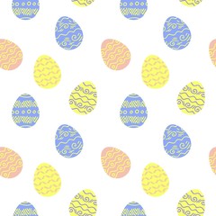 Blue, orange and yellow easter eggs on a white background. Cute scandinavian easter eggs seamless pattern with geometric ornament. Christian holiday it is celebrated in late April early may.