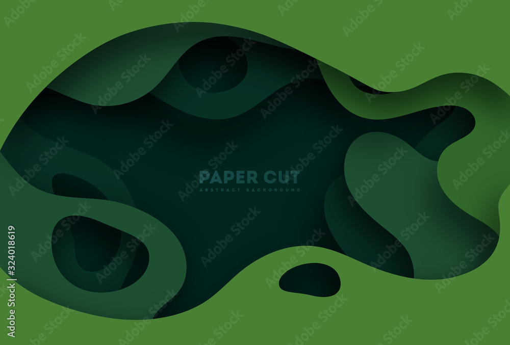 Wall mural 3D abstract background with green paper cut shapes. Vector design layout for business presentations, flyers, posters and invitations. Colorful carving art, environment and ecology element.