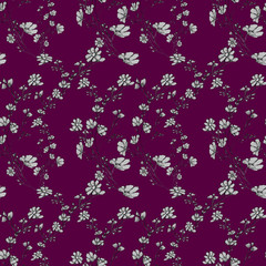 seamles pattern of tree branch with flowers and leaves, graphic hand drawn, blossom tree on cherry background. Simple pencil art for drawn fabric, gift wrap, wall art design, wallpaper, card, textile.